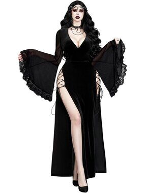 Gothic Velvet Mesh Bell Sleeve High Slit Prom & Wedding Dress for Women